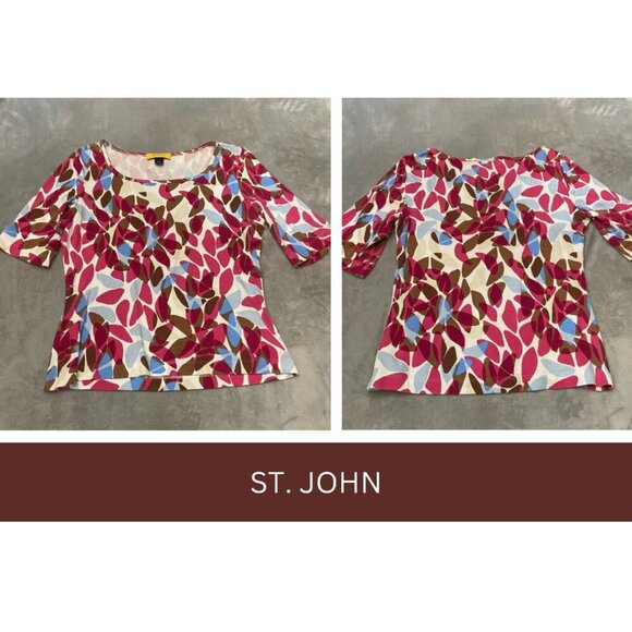 St. John Pink Brown Printed Scoop Neck Pullover Top 3278 - Picture 2 of 11